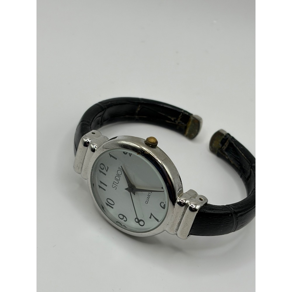 Studio Time Women Silver Tone Black Leather Cuff Quartz Watch‎